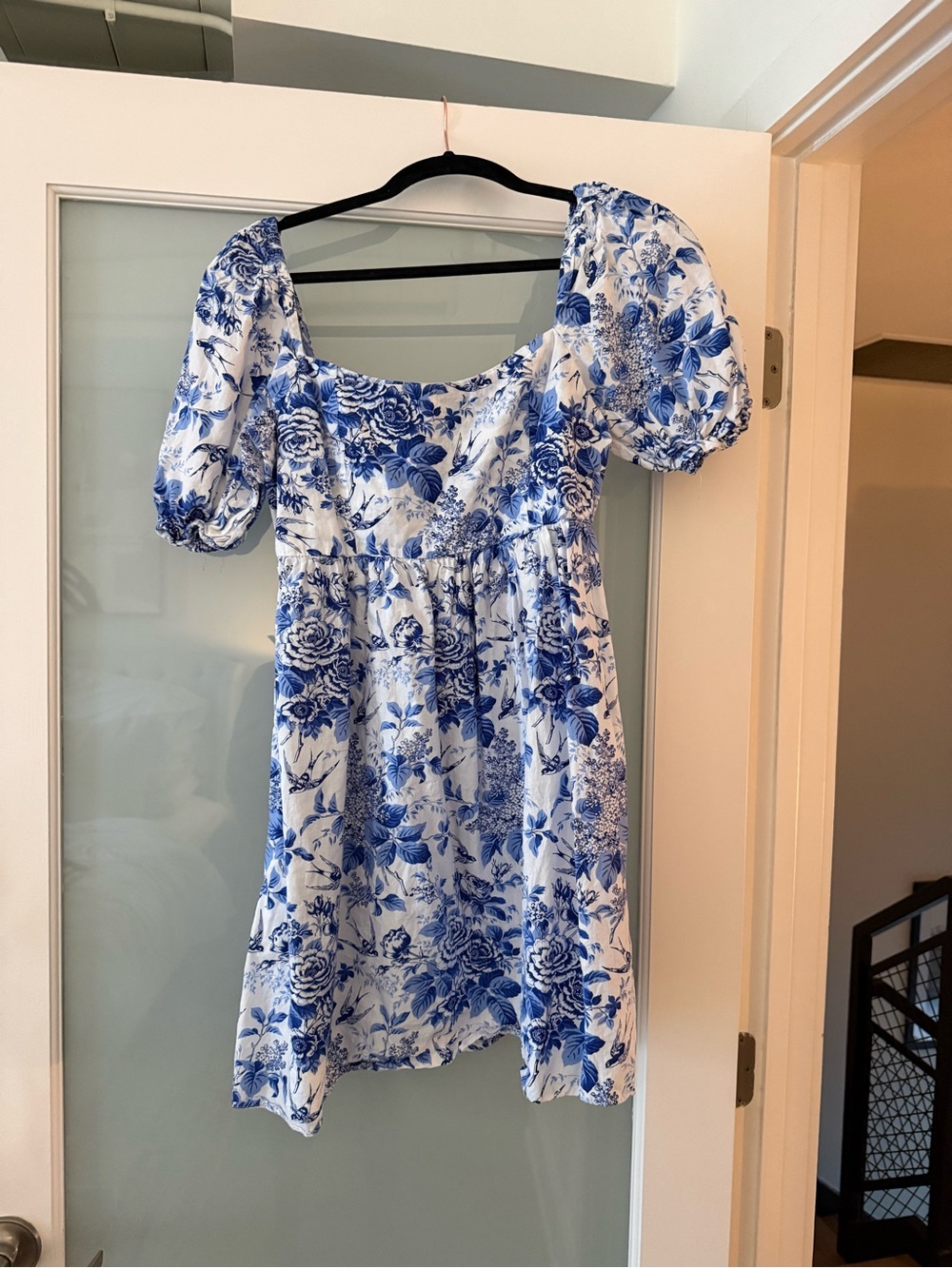Blue and White Puff-Sleeve Mini Dress